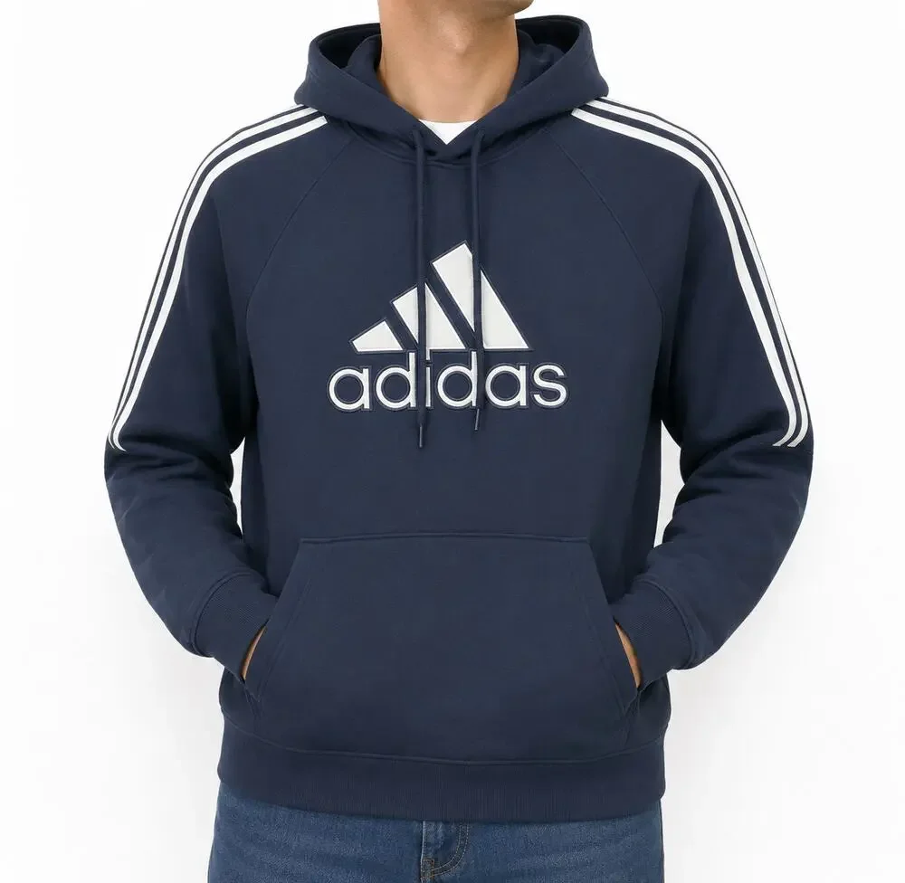 Adidas Hoodie Mens Medium Blue Cotton 3-Stripe Embroidered Drawstring Pullover